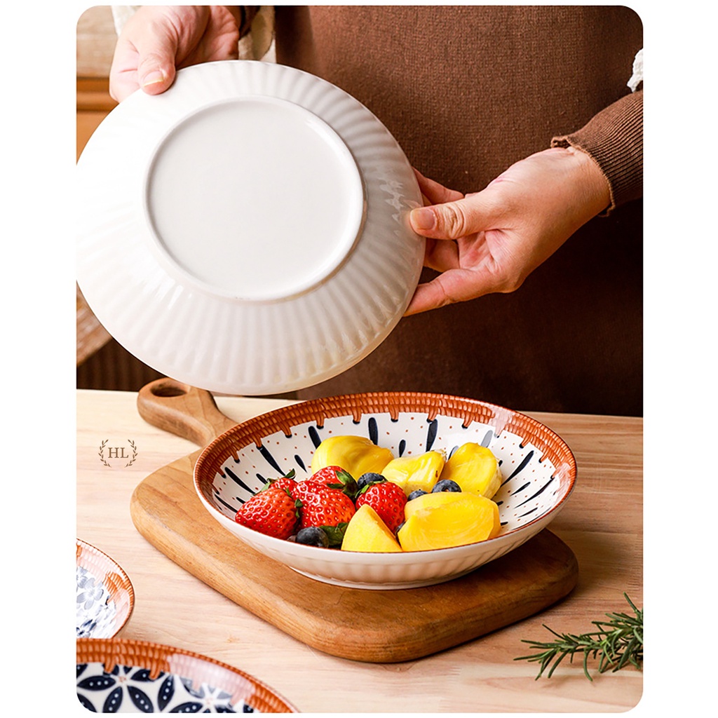 Bát Đĩa Hoa Văn Hoạ Tiết Cổ Truyền Gốm Sứ Nhật Bản | Tô Đĩa hoa viền cam dùng cho lò viba - máy rửa bát