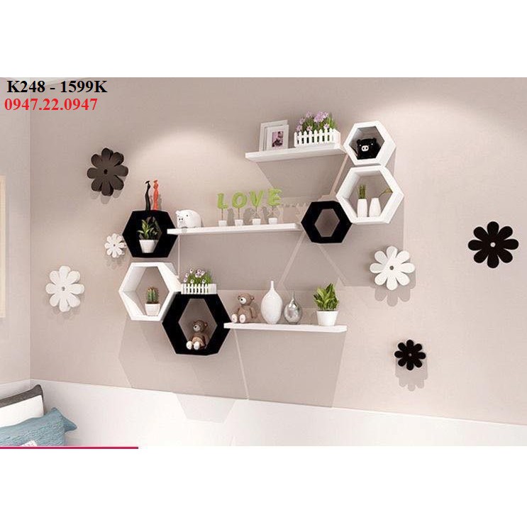 Kệ Phòng Khách Kiểu Lục Giác Kết Hợp Thanh Ngang Sang Trọng, Gỗ Lõi Xanh Chống  Ẩm + Tặng trang trí Gỗ