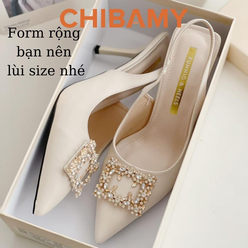 Giày cao gót nữ đính Đá mũi nhọn hở gót cao 8cm chất da mềm mã H01