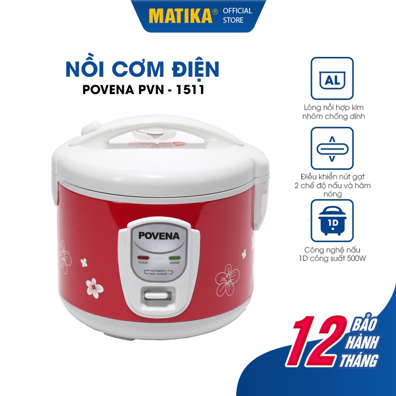 [Mã BMBAU50 giảm 10% đơn 99k] [Mã ELHADEV giảm 4% đơn 300K] Nồi Cơm Điện POVENA 1.5L PVN-1511