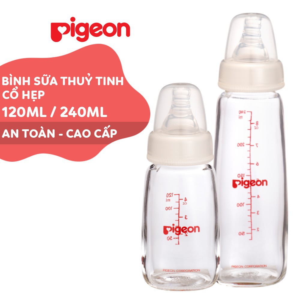 Bình sữa Pigeon thủy tinh trắng cổ hẹp với núm ti silicone siêu mềm cho bé 120ml / 240ml