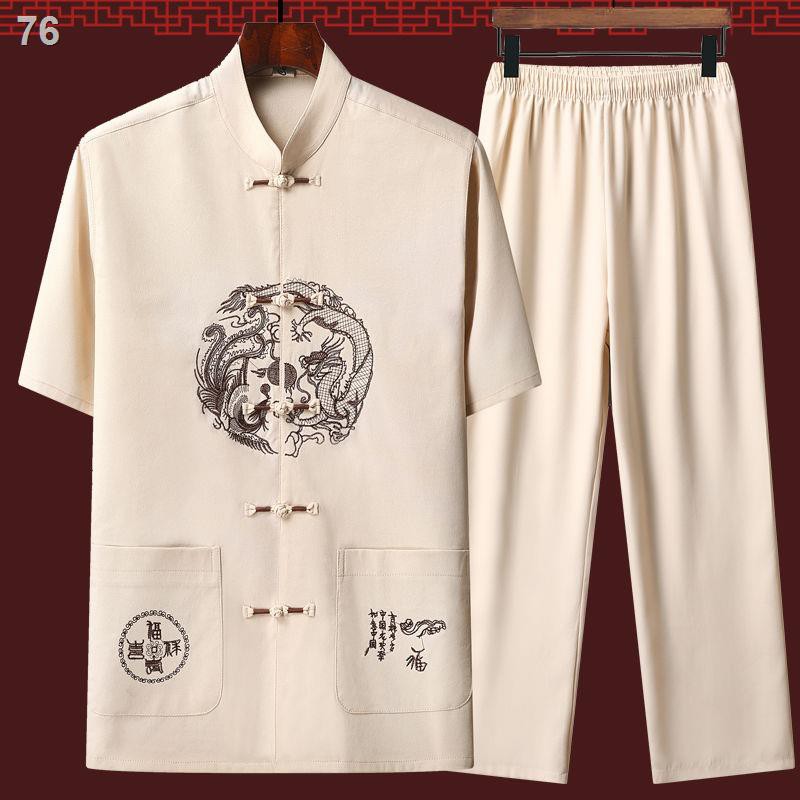Bộ đồ nam phù hợp với mùa hè cho người trung niên và cao tuổi Bộ đồ vải cotton lụa ngắn tay Hanfu Kiểu Trung Quốc Hanfu