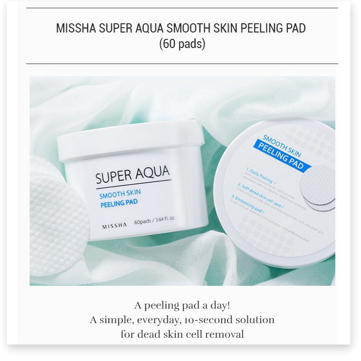 [Mã chiết khấu giảm giá mỹ phẩm chính hãng] Miếng Tẩy Tế Bào Chết Missha Super Aqua Smooth Skin Peeling Pad 60ea