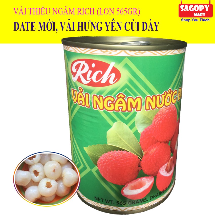 Vải Thiều nước đường Rich nắp giật (Lon 565g) làm trà vải, chè khúc bạch đặc sản hưng yên ngon như Hosen, Kronos, Dephi