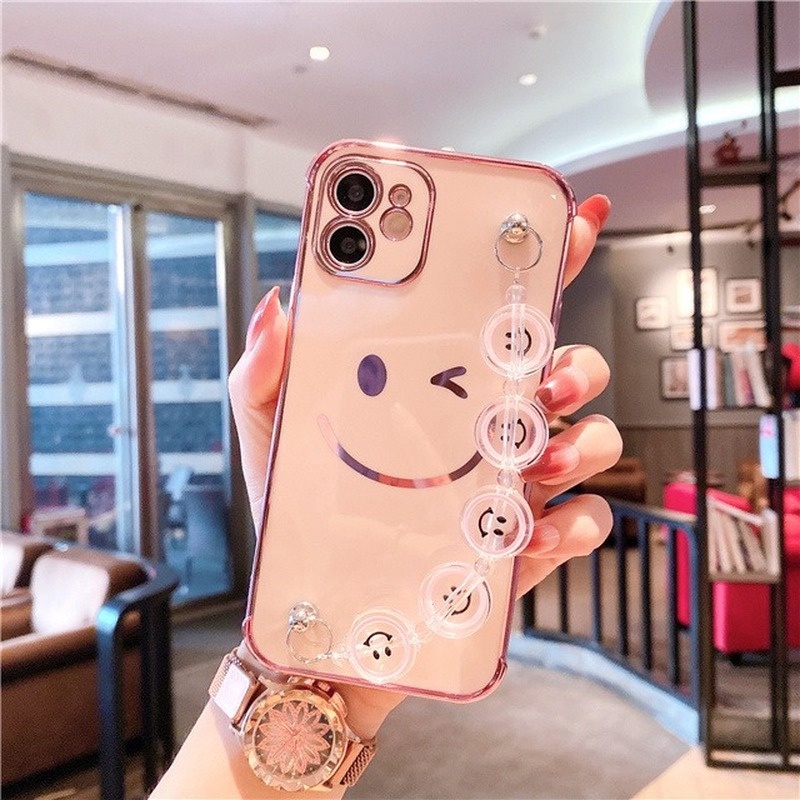 Ốp Điện Thoại Dẻo In Hình Mặt Cười Mạ Sang Trọng Có Dây Đeo Tay Cho iPhone 13 11 Pro 12 Mini 7 8 Plus X XR XS Max SE2