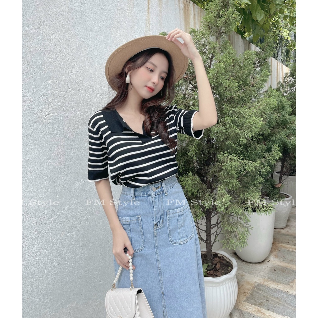 Áo len dệt kim nữ FM Style cổ tròn tay ngắn Hàn Quốc kẻ sọc ngang có cổ phong cách Ulzzang 210717045