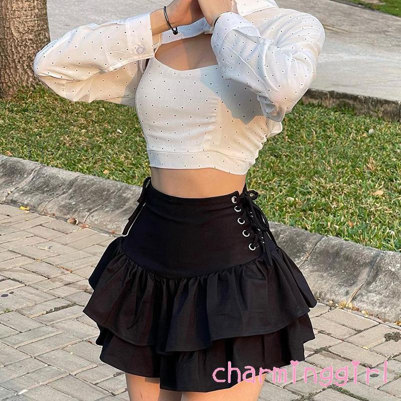 Chân Váy Chữ A Ngắn Lưng Cao Màu Trơn Thắt Dây Chéo Thời Trang Cho Nữ