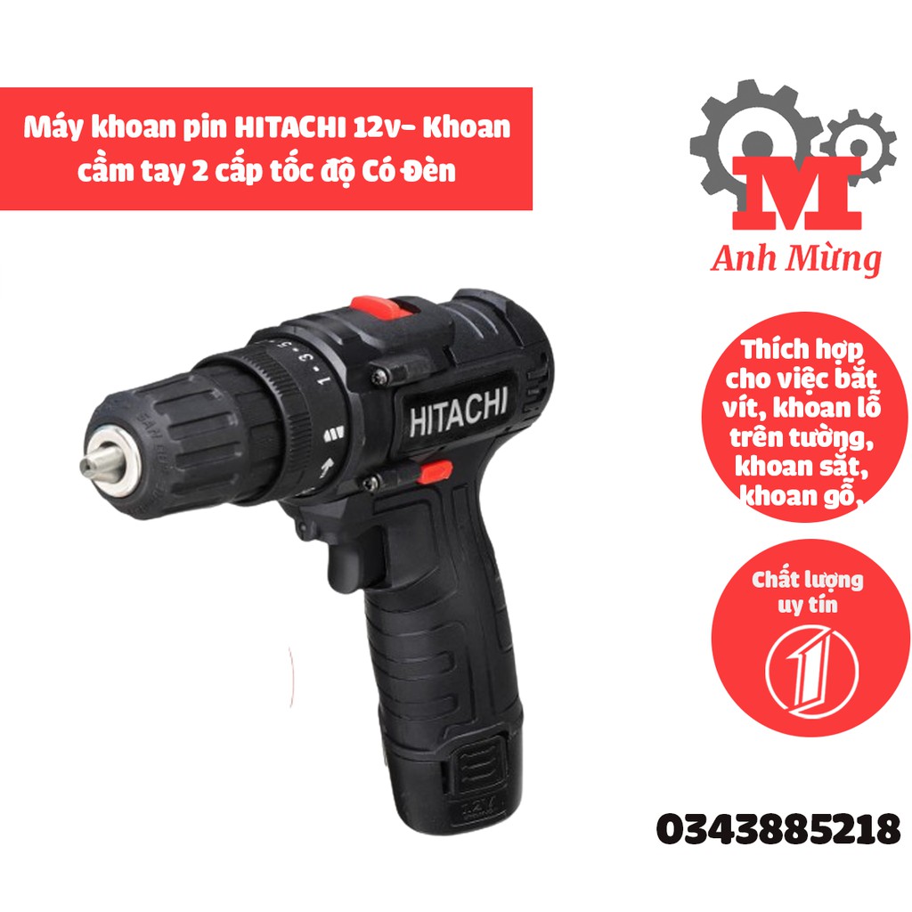 Máy khoan dùng pin cầm tay Hitachi 12V có trang bị đèn và 2 cấp tốc độ giúp bắn vít một cách chuyên nghiệp