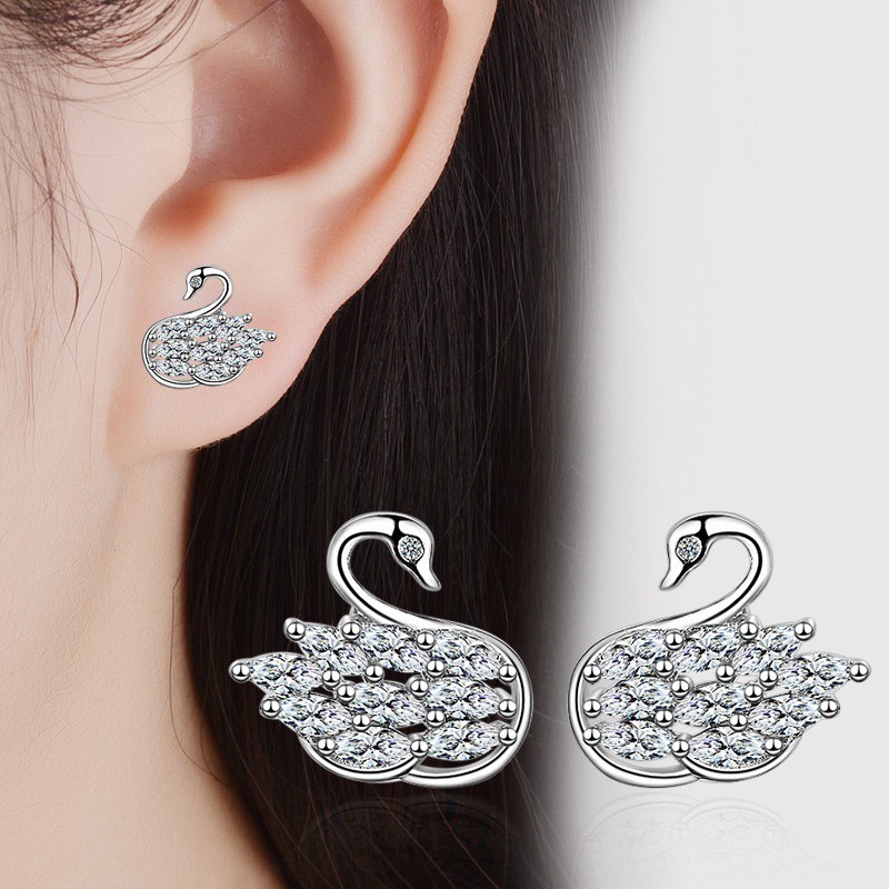 Bông tai thời trang HT168 hình thiên nga, đá sáng bạc Ý S925