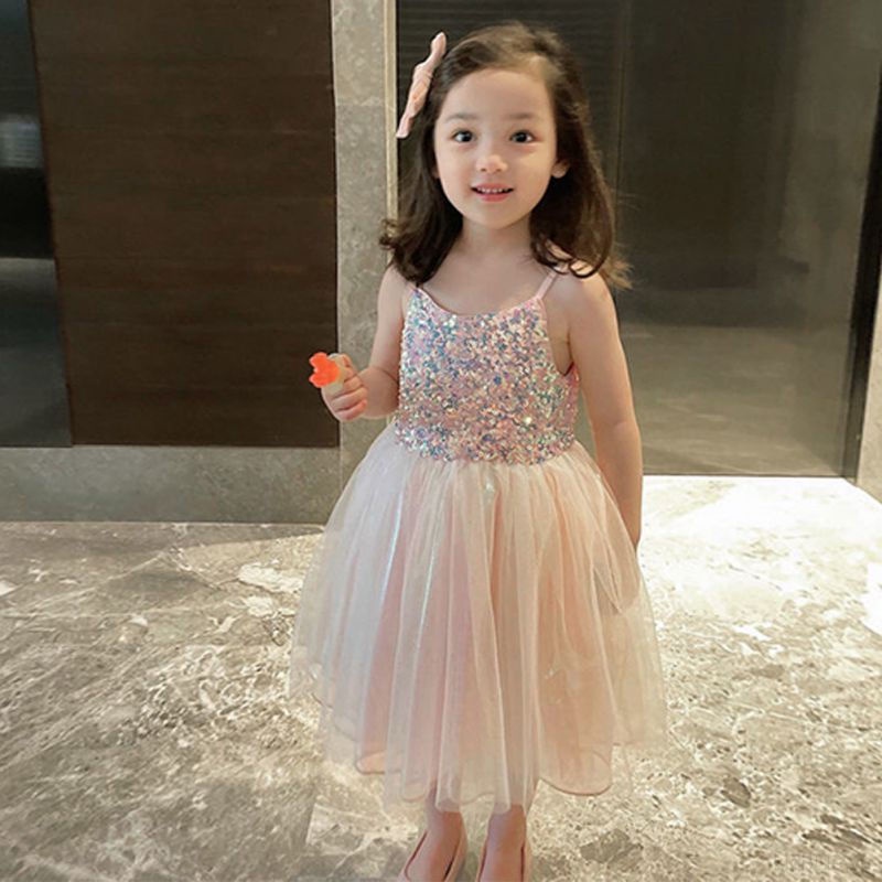 Đầm Hai Dây Phối Lưới Đính Kim Sa Lấp Lánh Thời Trang Mùa Hè Cho Bé Gái