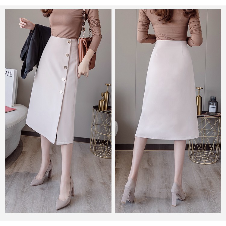 Chân váy công sở nữ dáng dài đính khuy điều chình theo thông số người mặc che khuyết điểm tôn dáng chân dài đi làm