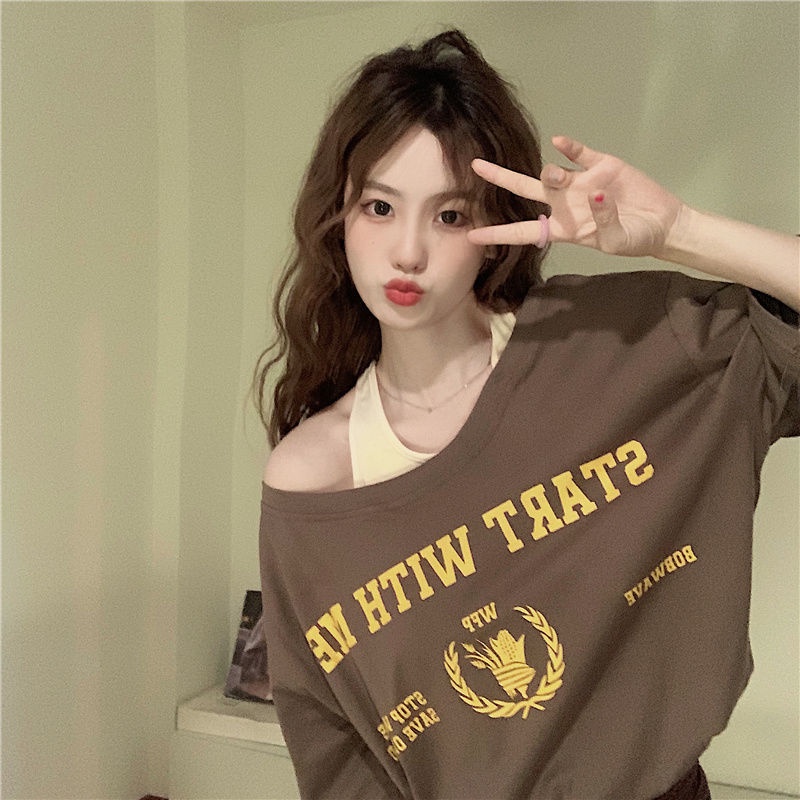 Áo Thun COZOK Trễ Vai Form Rộng Kiểu Dáng retro Hợp Thời Trang