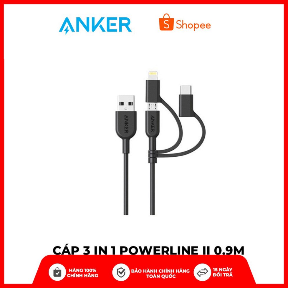 Cáp 3 in 1 ANKER Powerline II 0.9M - A8436 (Lightning - Type C - Micro USB)