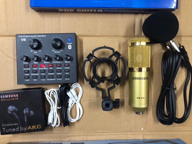 [Freeship toàn quốc từ 50k] Bộ thu âm v8 bluetooth míc bm900 full phụ kiện tặng tai akg ( 5 món)
