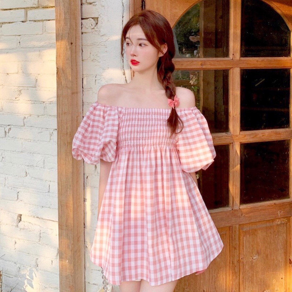 Đầm Trễ Vai Tay Bồng Caro PEONYB Nữ [FREESHIP] 🌸 Váy babydoll hở lưng bánh bèo tiểu thư màu XANH | HỒNG Ulzzang HOT 🌸 | BigBuy360 - bigbuy360.vn