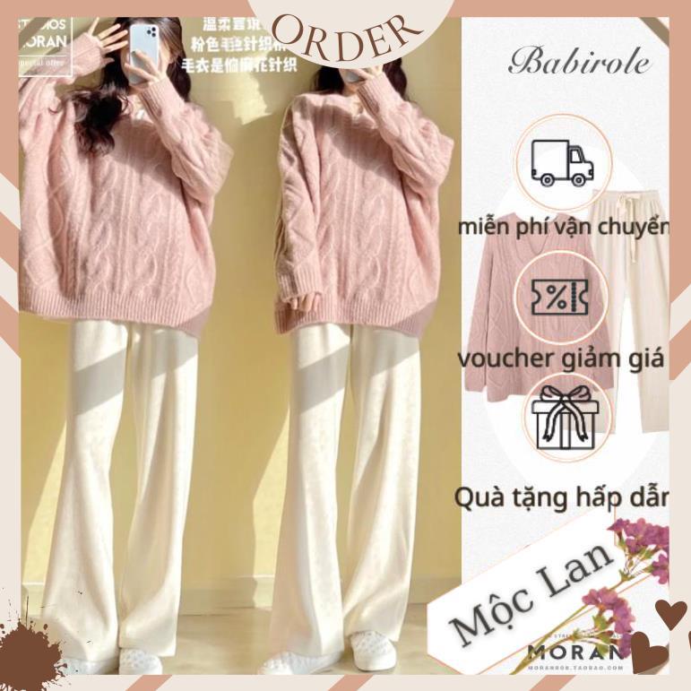 (MộcLan ORDER) Áo len nữ MORAN vặn thừng màu hồng cổ V form rộng dài style điệu đà Hàn Quốc