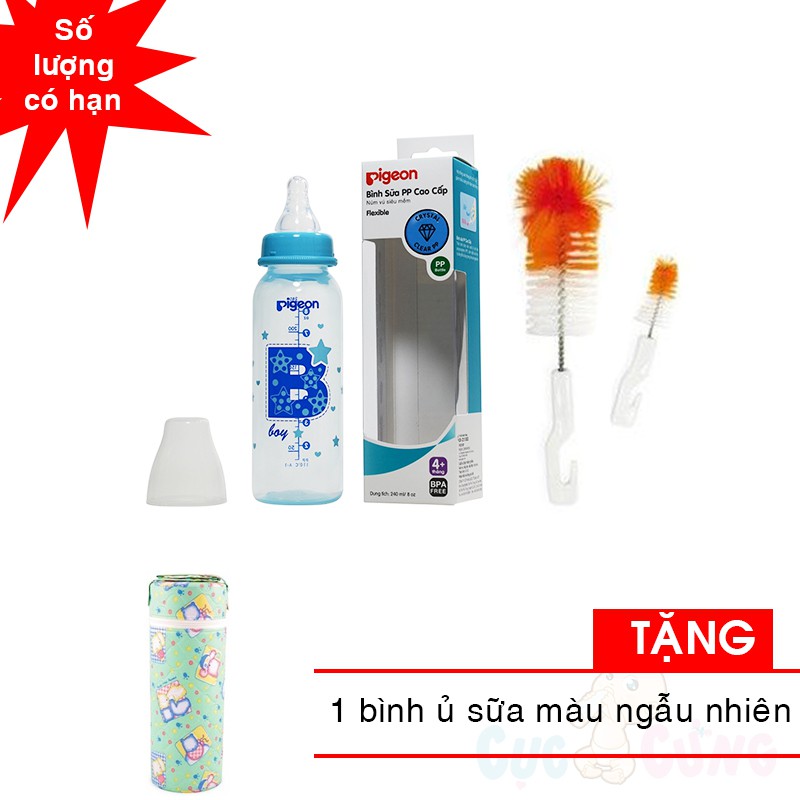 Bình sữa Pigeon nhựa PP cổ thường cao cấp BOY/GIRL 240ml + 1 cọ rửa bình sữa Tặng 1 ủ bình sữa đơn họa tiết ngẫu nhiên