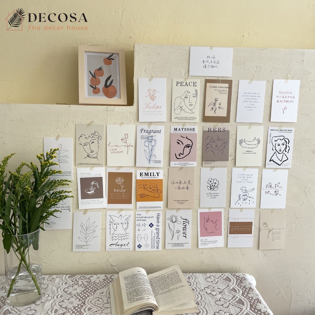Ảnh trang trí postcard dán tường bộ 30 hình DECOSA tặng kèm bộ round sticker