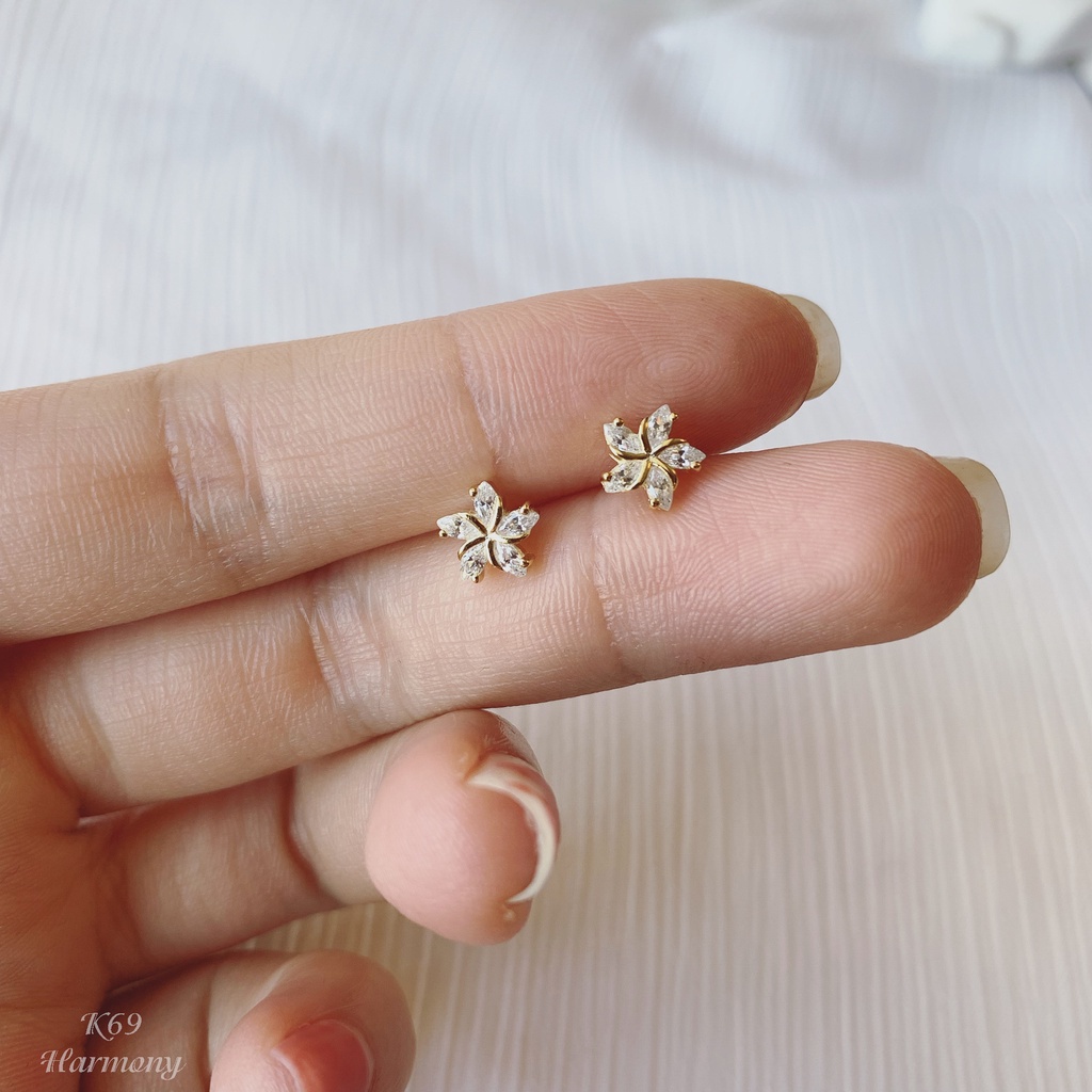Khuyên tai nữ bạc 925 hình anh đào đính đá 2 màu xi bạch kim và vàng Sakura | HARMONY ACCESSORIES K69