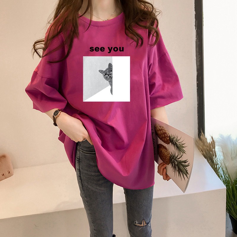 NRVP Áo thun nữ tay ngắn dáng rộng cổ tròn in hình hài hước thời trang mùa hè