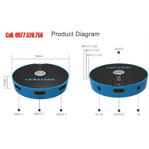 Bộ gộp tín hiệu HDMI 3 vào 1 ra Vention VAAS17L Hàng Chính Hãng
