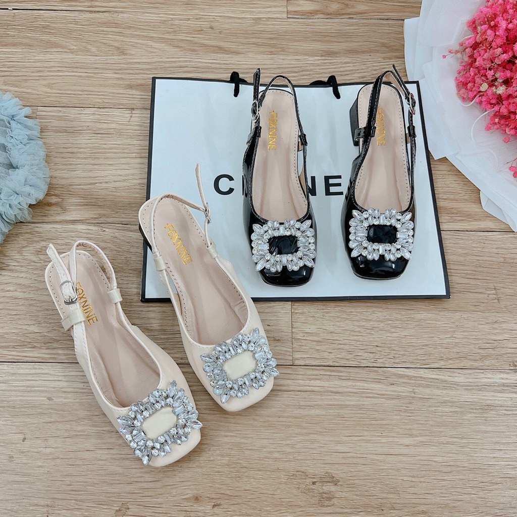 Giày búp bê mũi vuông 2p quai hậu mặt đính đá lên chân cực sang cực đẹp mã V08