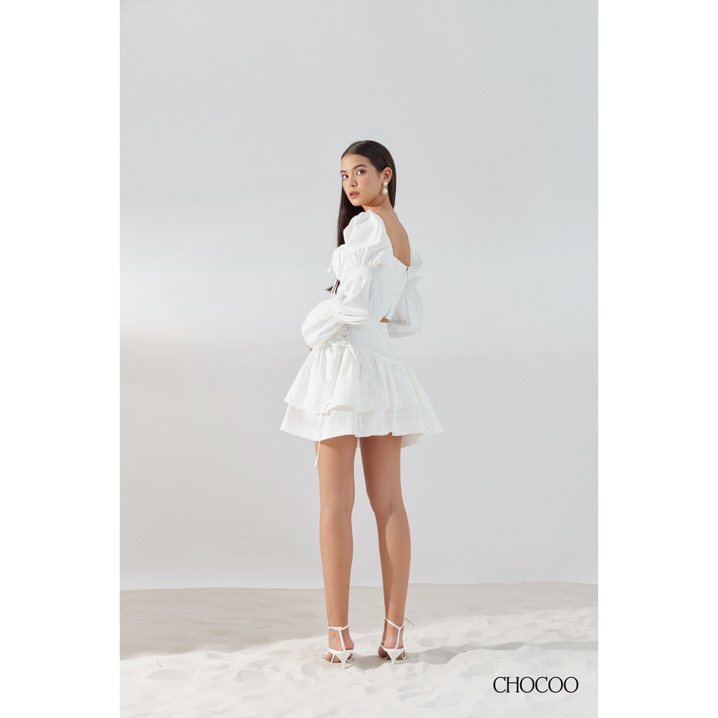 CHOCOO - Áo Kiểu Dài Tay Cổ Vuông Tay Phồng DULCIE TOP Cúp Ngực Cột Nơ Màu Trắng