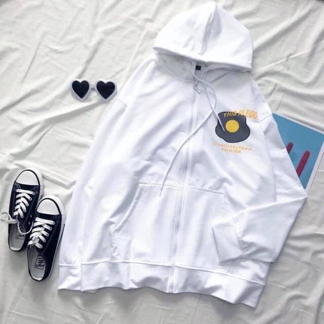 ÁO HOODIE ULZZANG IN TRỨNG KIỂU DÁNG ÁP HOODIE NỮ FORM RỘNG - ÁO KHOÁC NỈ ĐEN TRẮNG UNISEX HOT HIT