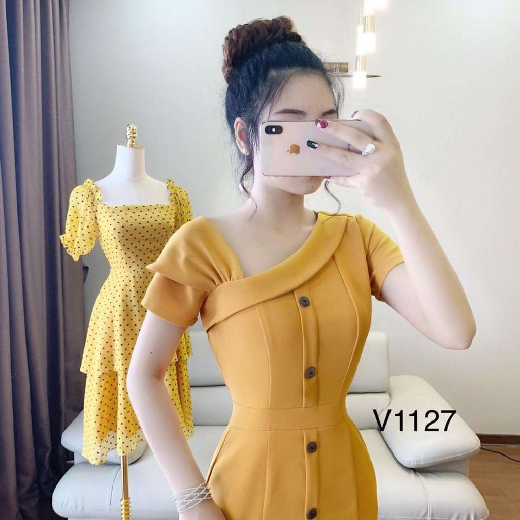 Đầm Nữ Lệch Vai Cá Tính Đính Nút Thới Trang Ribisachi | BigBuy360 - bigbuy360.vn