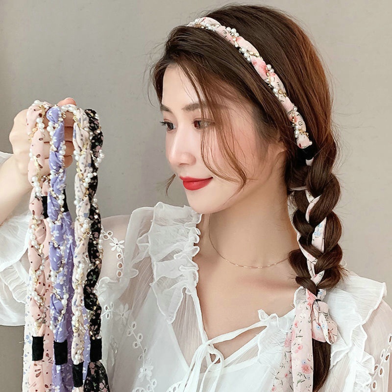 Dây Cột Tóc Ruy Băng Dài In Họa Tiết Hoa Đính Ngọc Trai Phong Cách Hàn Quốc Xinh Xắn