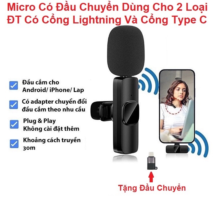 Micro Thu Âm, Tặng Jack Chuyển, Dùng Cho Các Loại Điện Thoại, Có Cổng TypeC Và Cổng Lightnimg - Mic Không Dây Cài Ve Áo