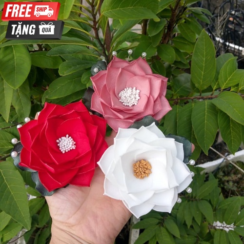 [ Hàng Thiết Kế ] Hoa cài áo handmade hoa sen ruy băng cao cấp