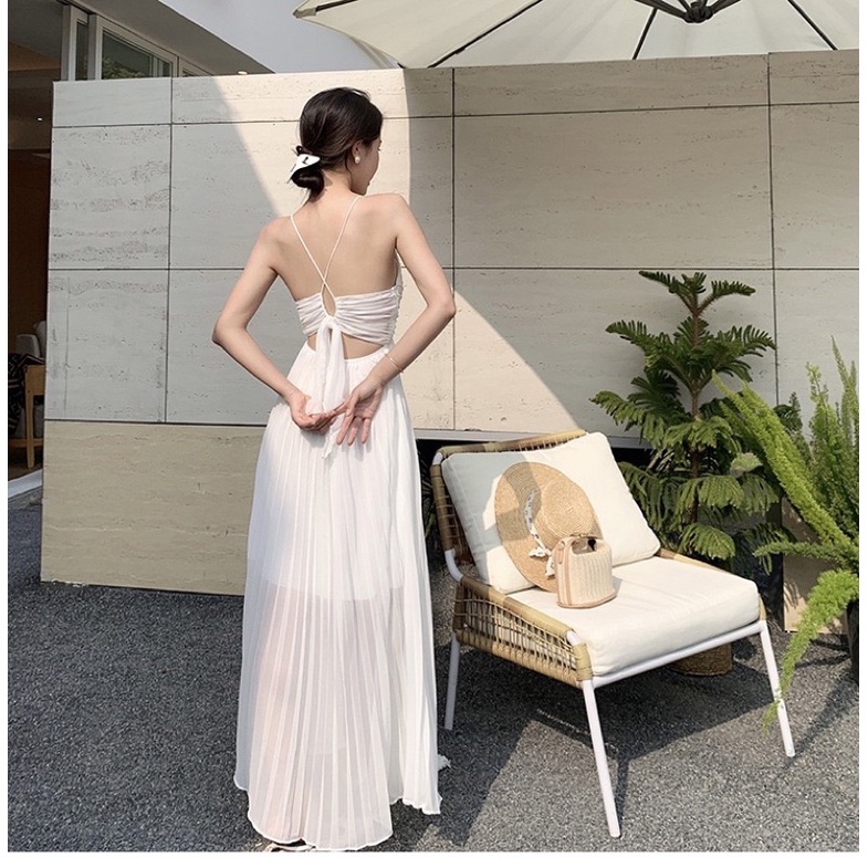 Yona’s Đầm đi biển hai dây xếp li trắng thắt dây eo tôn dáng  mã D17W