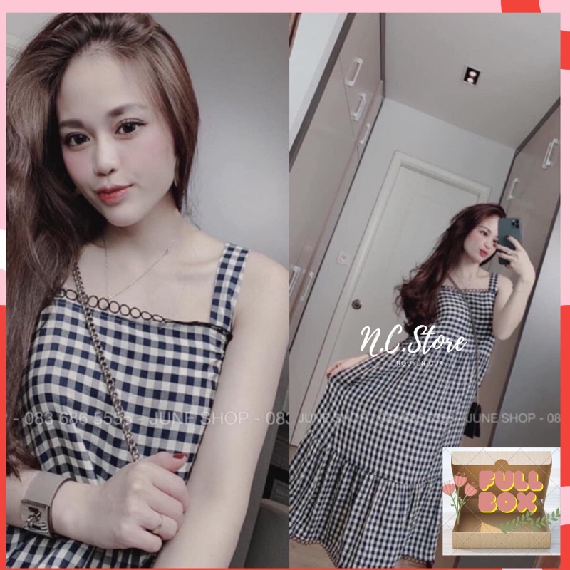 Đầm Caro  2 Dây Maxi Ren Ô Chất Đẹp