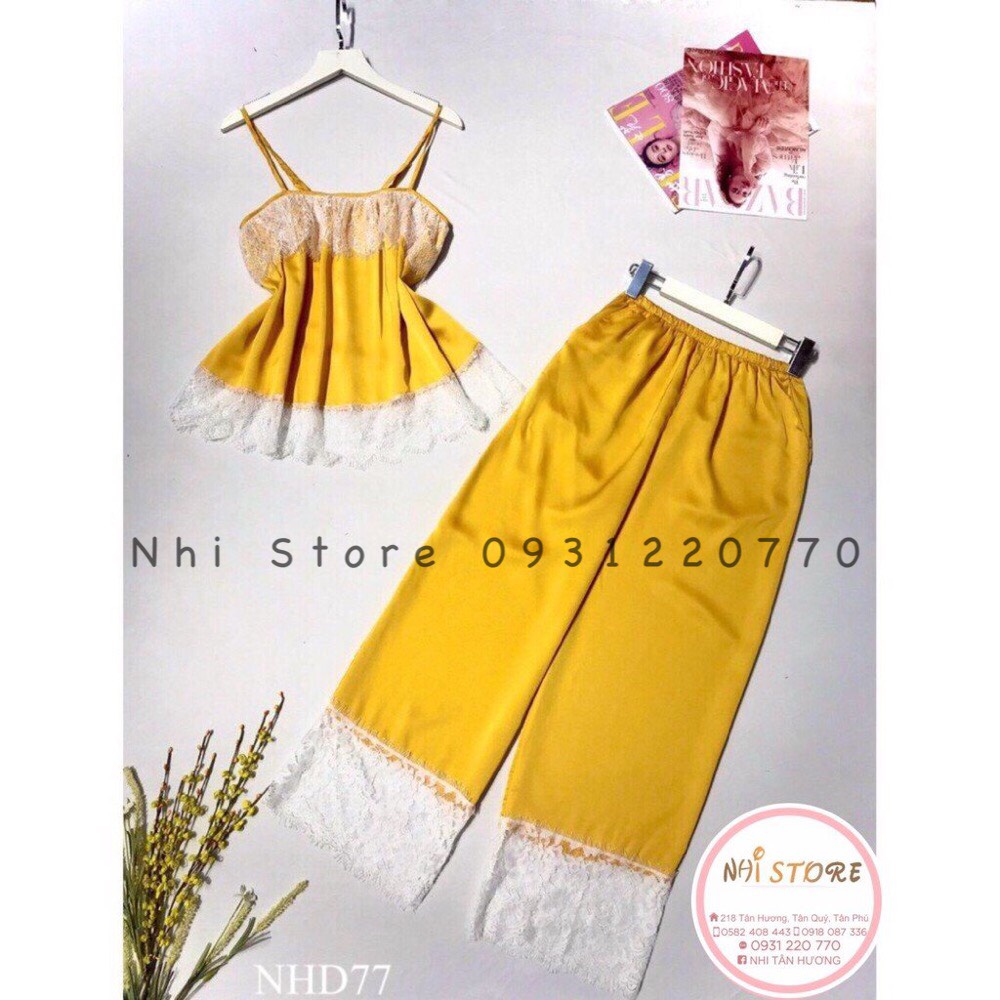 [FREESHIP 50K] Bộ Mặc Nhà Nhistore Quần Dài Áo  2 Dây Dún Thun Phối Ren Mi Chất Lụa Satin Loại 1 Freesize Dưới 57kg