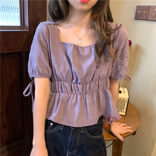 Áo bánh bèo nữ áo kiểu nữ tiểu thư tay ngắn cổ tròn màu tím du lịch đi chơi vintage Hàn Quôc