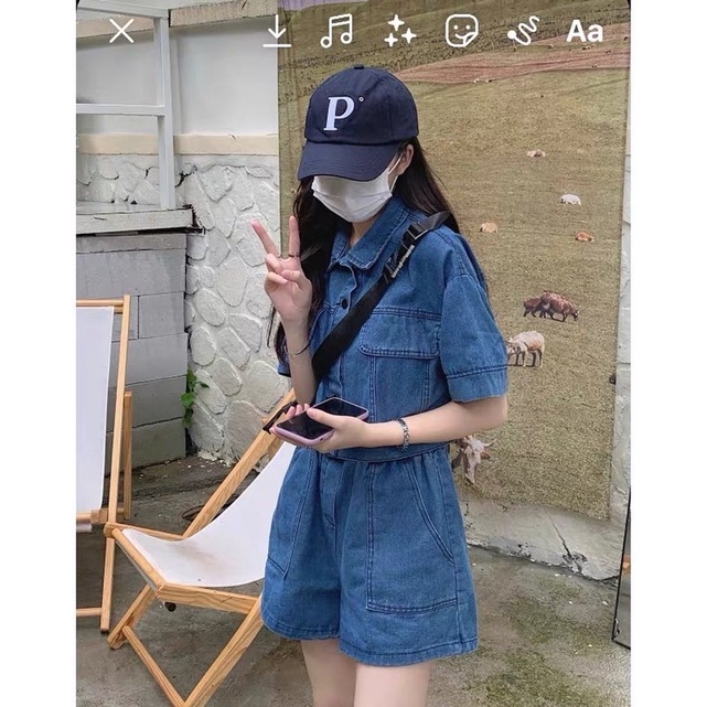 Set áo sơ mi & quần bò cạp chun