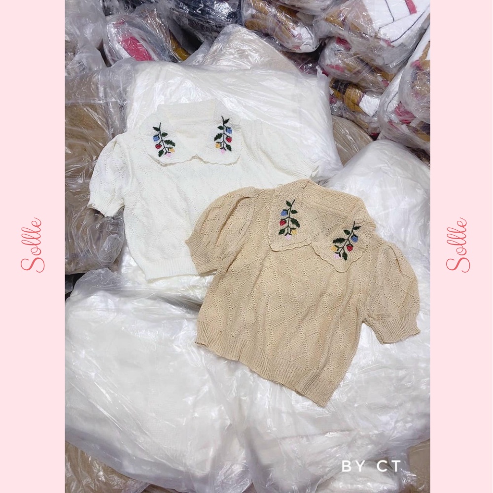 Áo len lưới mỏng ngắn tay cổ sen thêu hoa nổi cách điệu trắng kem vintage Hàn Quốc Sollle