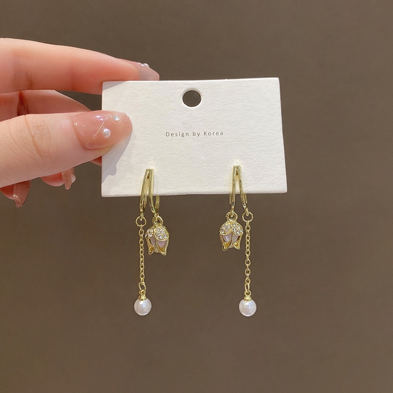 Khuyên Tai Hoa Tulip Đính Hạt Giả Ngọc Trai