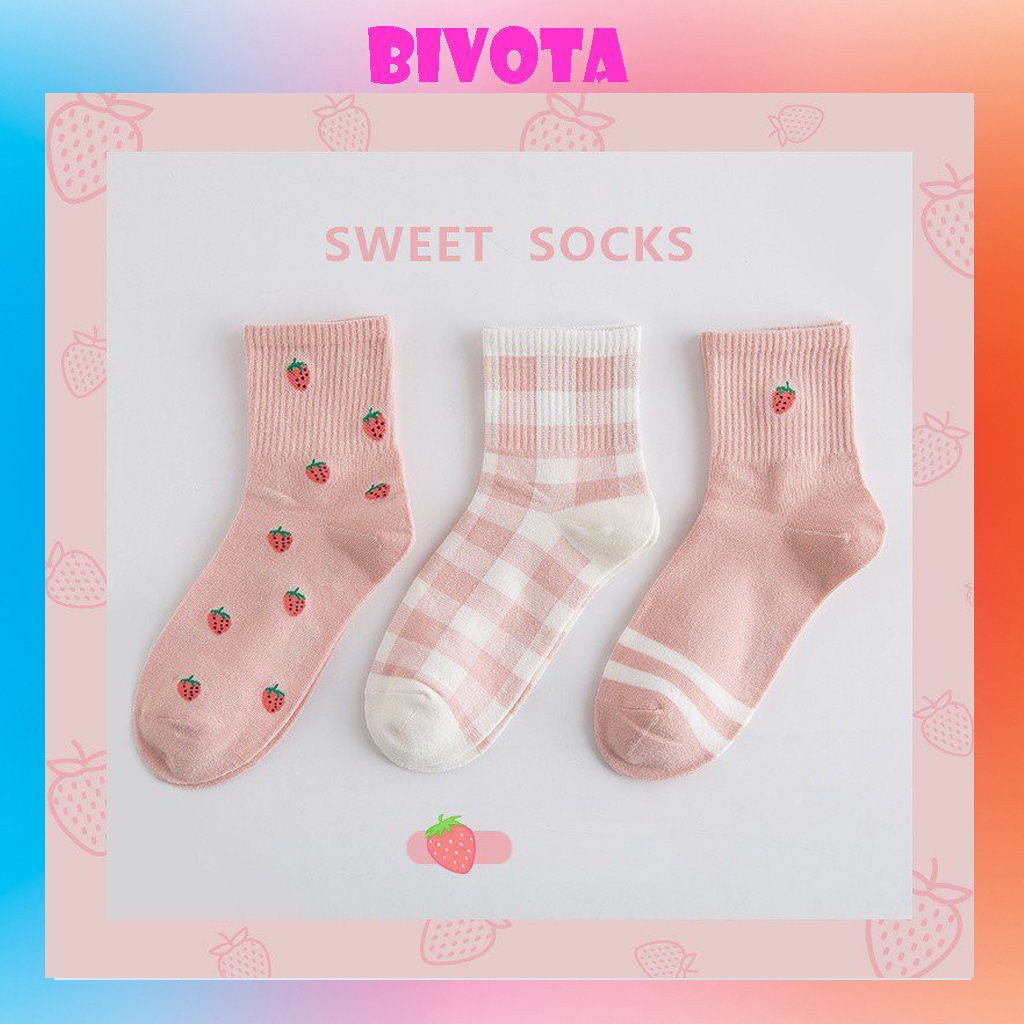 Set 3 đôi tất nữ cổ cao Bivota vớ nữ họa tiết dâu tây ngọt ngào cực xinh T92