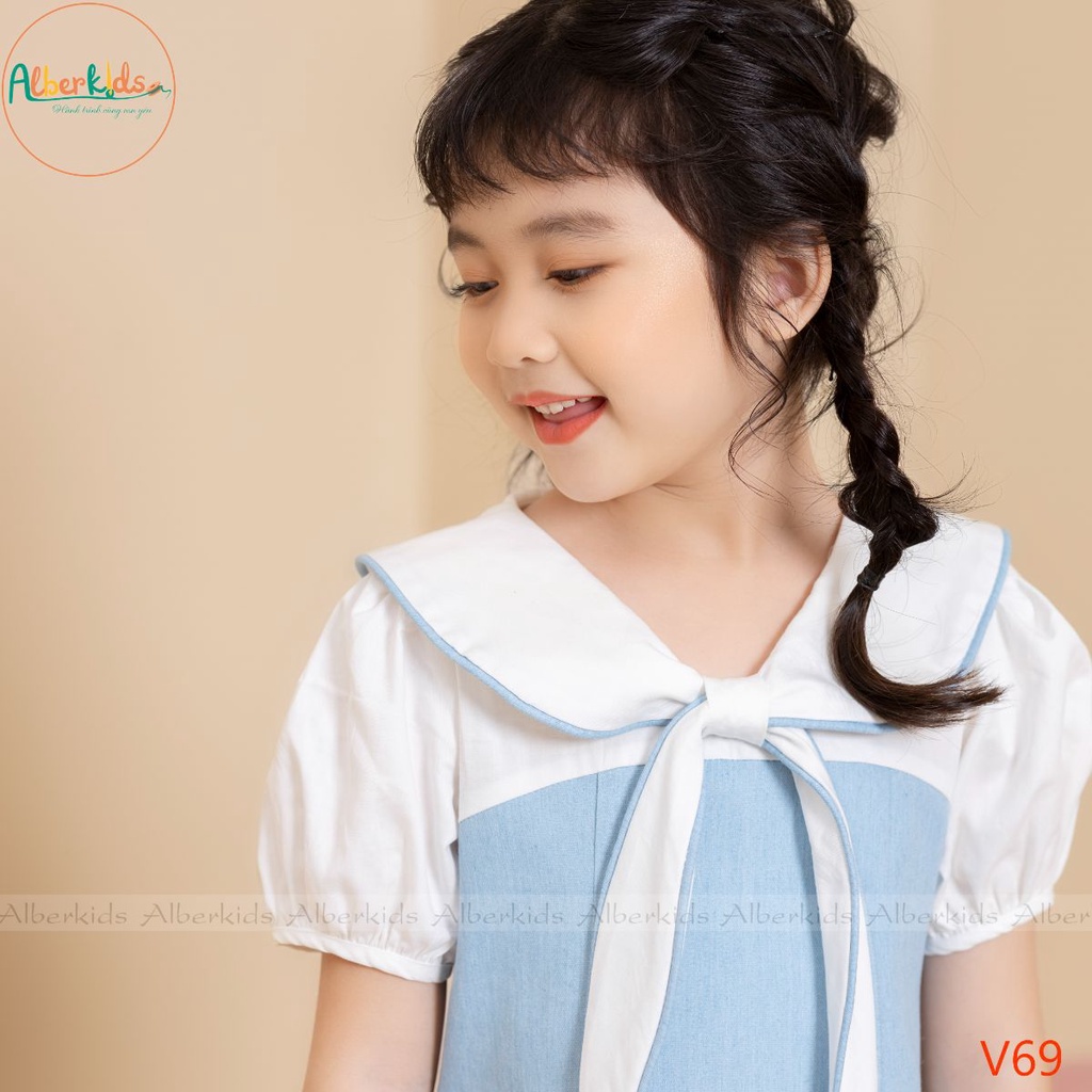 Váy bé gái ALBERKIDS cổ phối nơ cho trẻ em 2,3,4,5,6,7,8,9,10,11,12 tuổi