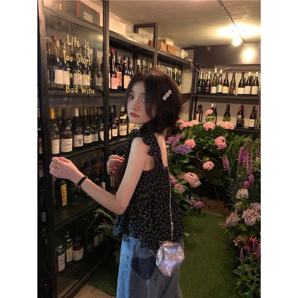 Áo babydoll hai dây đen hoạ tiết trái tim dễ thương Daliah Top Yannie