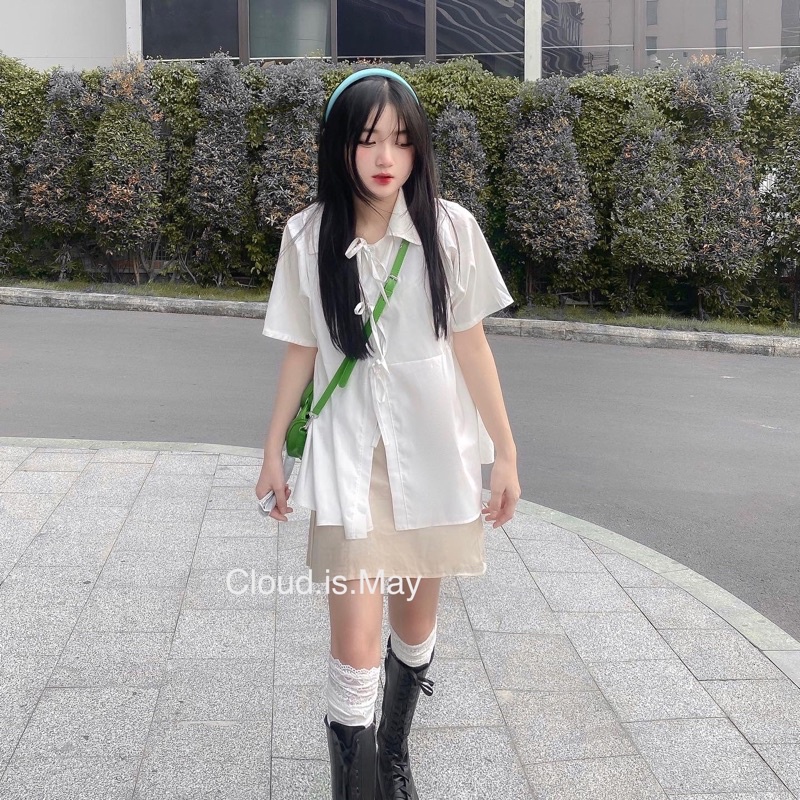 Set đồ babydoll CLOUD trắng chân váy be nhạt tặng srunchies