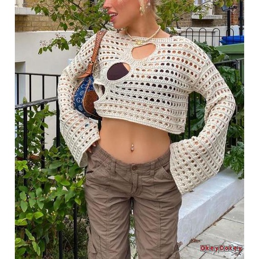 OKDK-Womens y2k Cover Up Hollow Out Long Flared Sleeve Crochet Knitted Crop Tops
