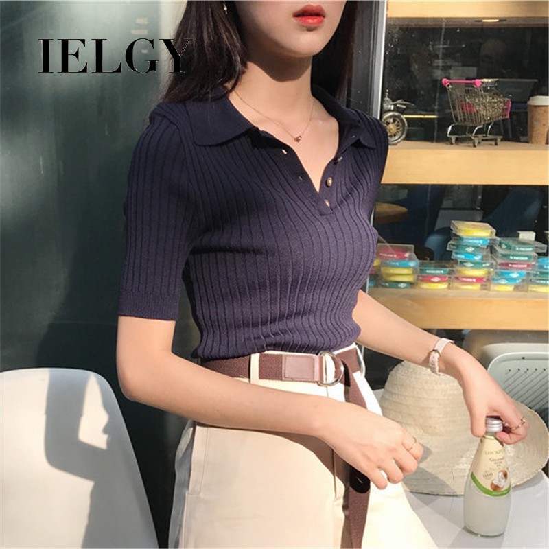 Áo sweater IELGY dệt kim mỏng co giãn dài tay gài nút phong cách Hàn Quốc thời trang cho nữ