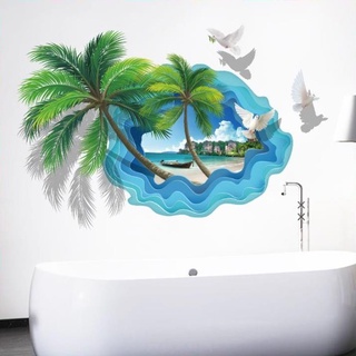 Decal dán tường - giấy dán tường - decal 3D cửa sổ dừa và biển Zooyoo
