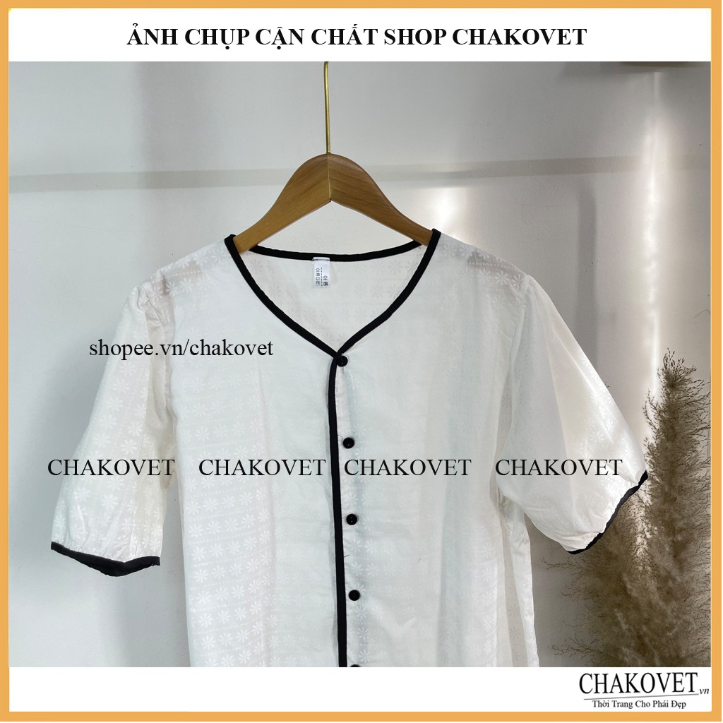 Áo sơ mi nữ tay ngắn trắng CKA860, áo kiểu nữ dễ thương style hàn quốc cổ V vân hoa mặc đẹp dáng xinh áo freesize <53kg | BigBuy360 - bigbuy360.vn
