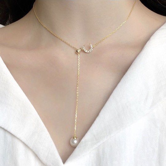 Vòng cổ nữ, dây chuyền bạc 925 cao cấp ngọc trai nhân tạo trăng khuyết sang chảnh, xinh xắn VC67| TRANG SỨC BẠC HARMONY