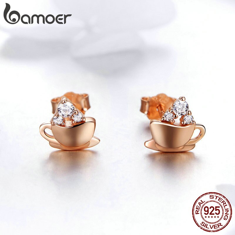 Khuyên Tai Dạng Nụ Bamoer SCE592 Thiết Kế Tách Cà Phê Và Viên Đường Bằng Bạc Thật 925 Màu Vàng Hồng Cho Nữ