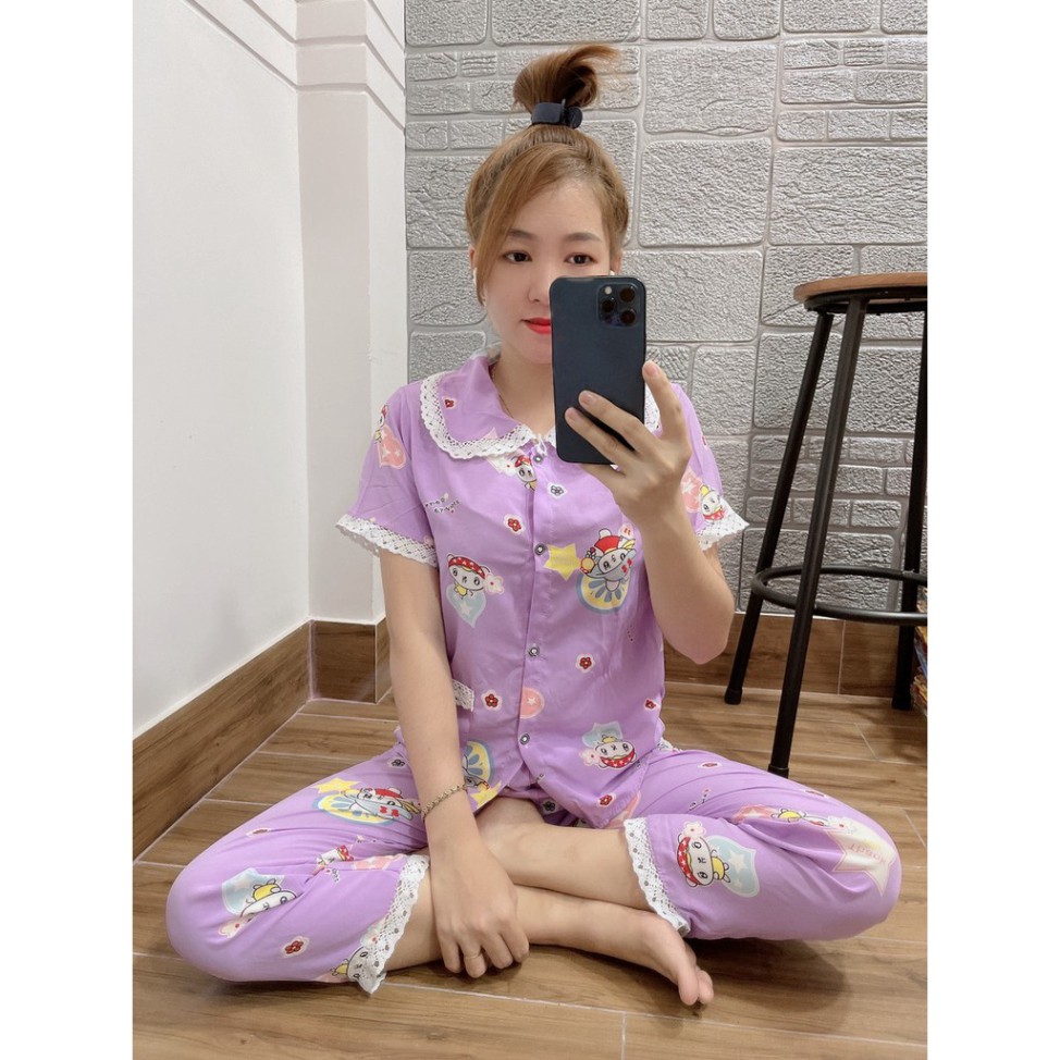 Bộ Đồ Bộ Pijama satin mềm Phối Ren Tay Ngắn Quần Dài Freesize <55kg [ảnh thật 100%] | BigBuy360 - bigbuy360.vn